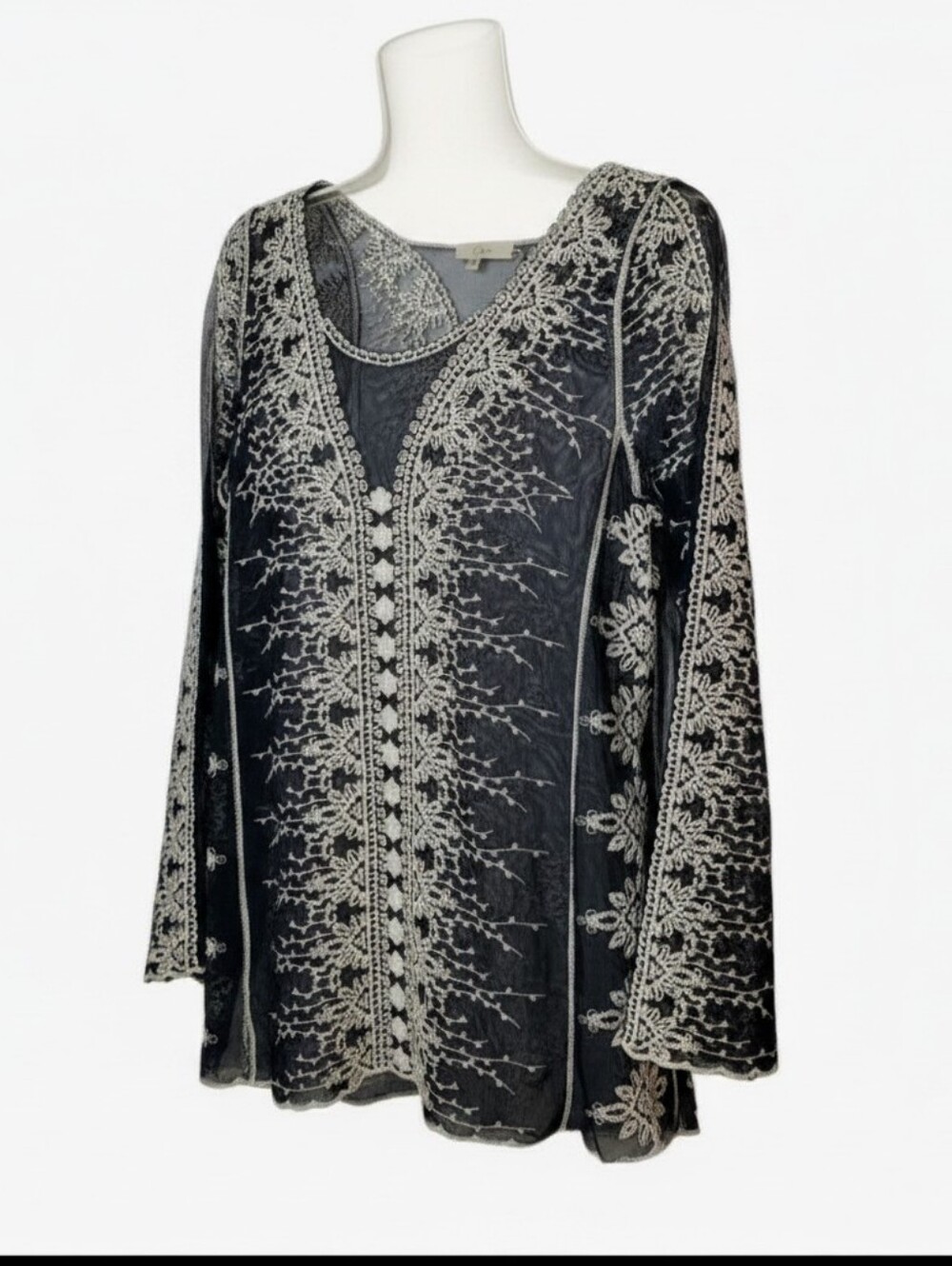 Capri Sheer Blouse Womens Small Black White Embroidery Lace Detail Boho-Chic